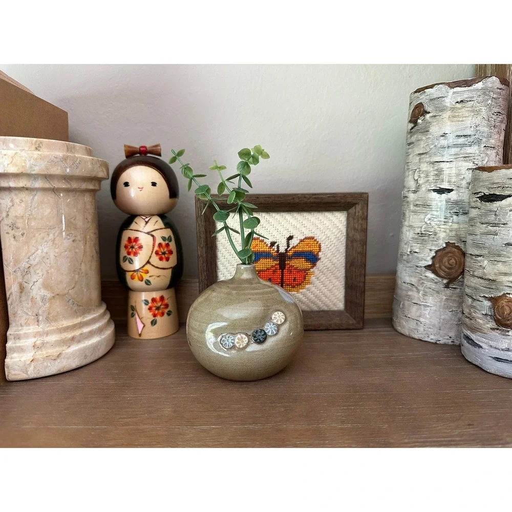 Vintage Studio Pottery Bud Vase Signed Tan Ceramic Floral Round Small 3.5in